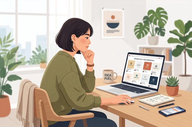 Pinterestでおしゃれなロゴ画像を眺めながら悩んでいる人のイラスト