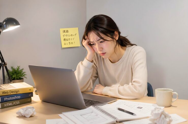 課題が進まず机に向かって悩む社会人受講生のイメージ