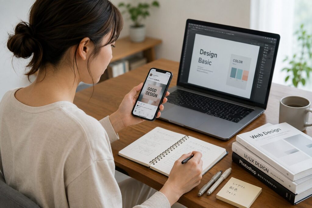 スマートフォンでSNSを見ながらデザインの勉強をする社会人の受講生