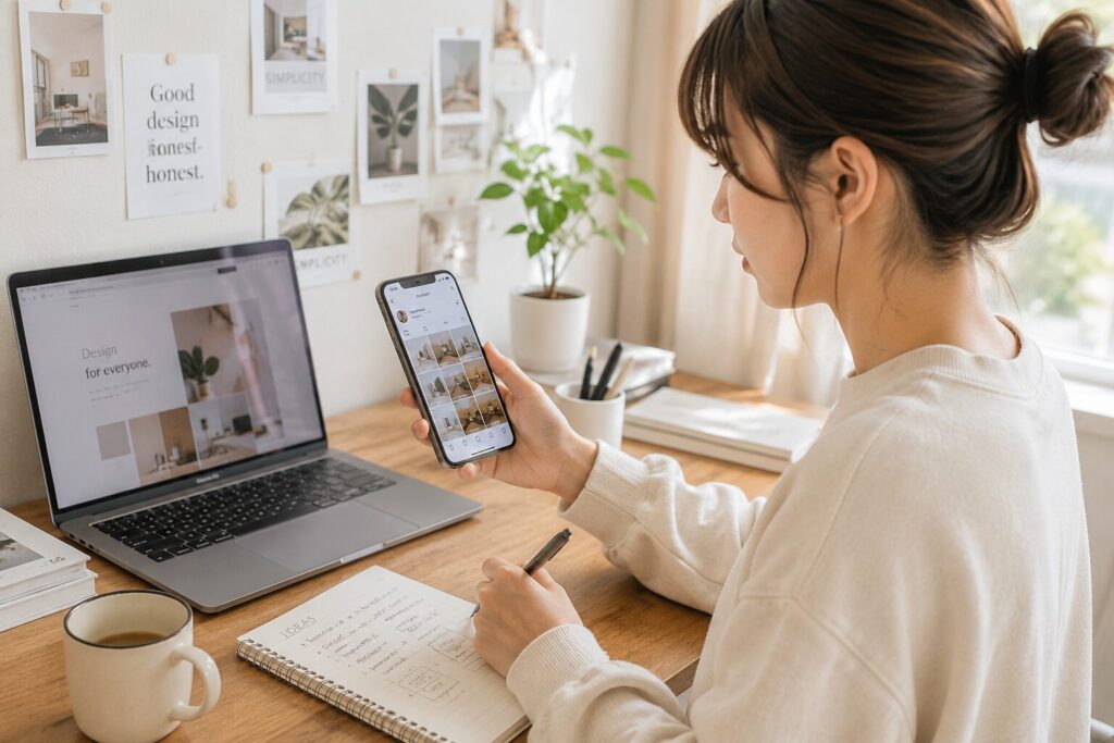 SNSでデザイナーの投稿をチェックしクリエイター志望者がメモを取る様子　
