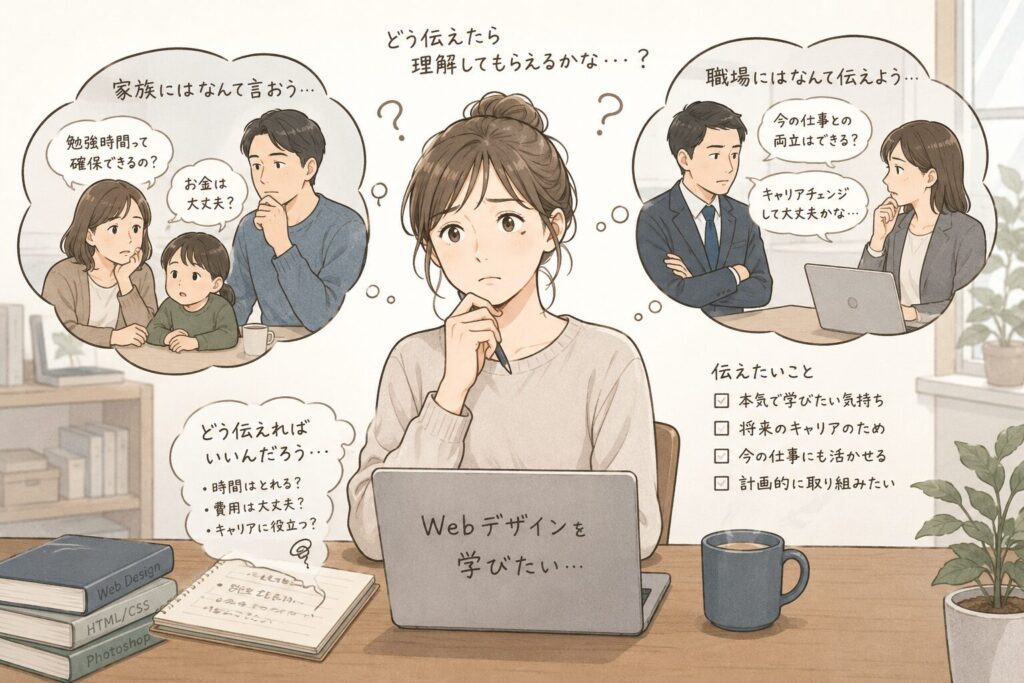 Webデザインを学びたい気持ちを抱える社会人が、家族や職場への伝え方に悩んでいる様子のイラスト