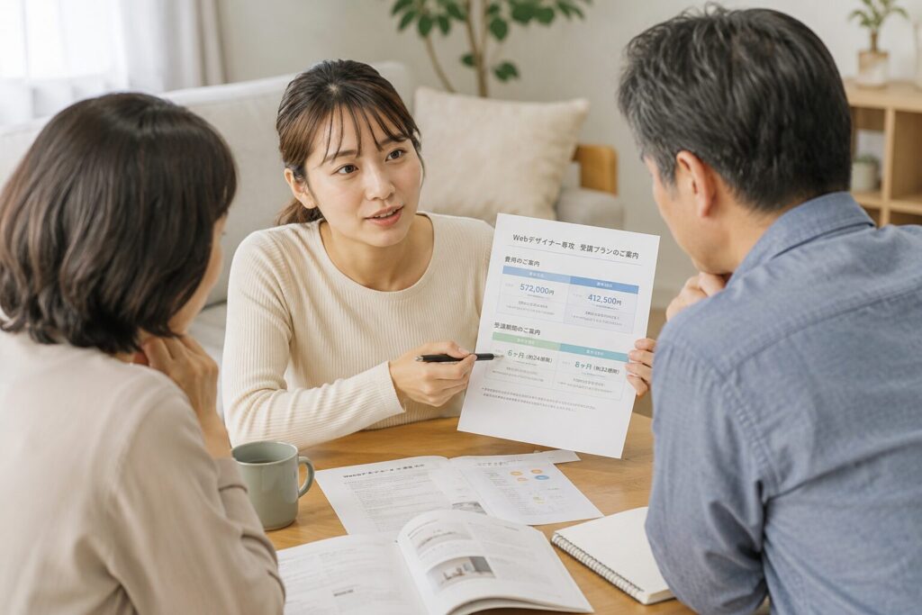 家族に費用や期間の資料を見せながら相談している社会人のイメージ