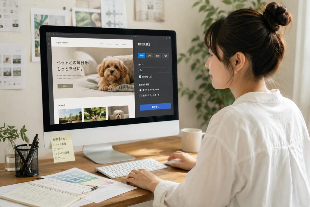 Webサイト用に画像を書き出す作業をするWebデザイン受講生