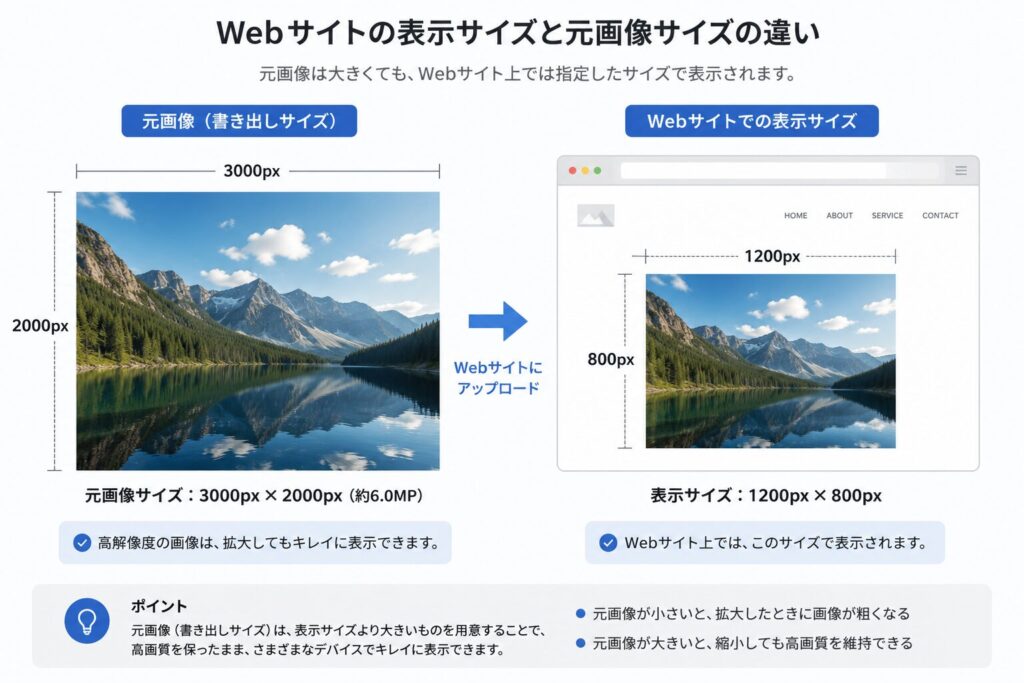 Webサイトの表示サイズと元画像サイズの違いを示す図