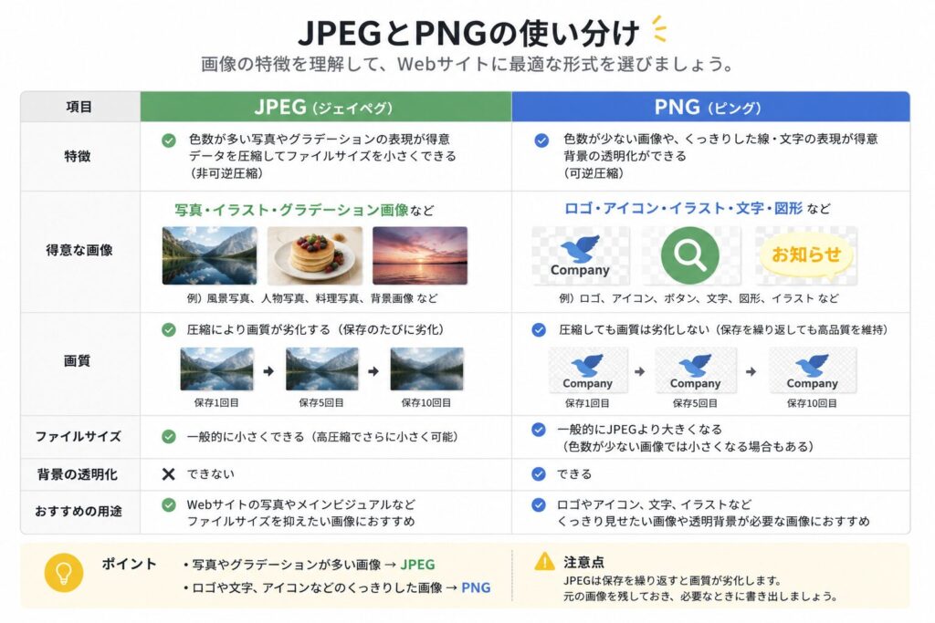 JPEGとPNGの使い分けを比較した表