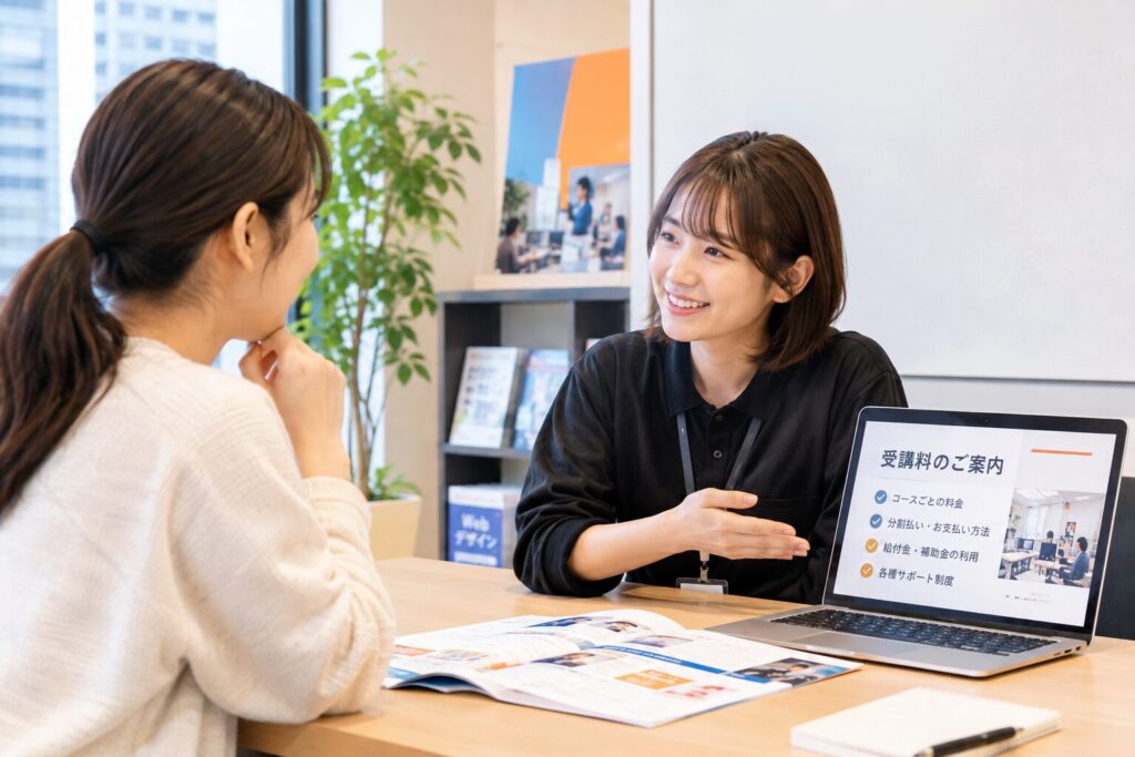 デジハリ名古屋校の受講料について相談する社会人受講希望者とスタッフ