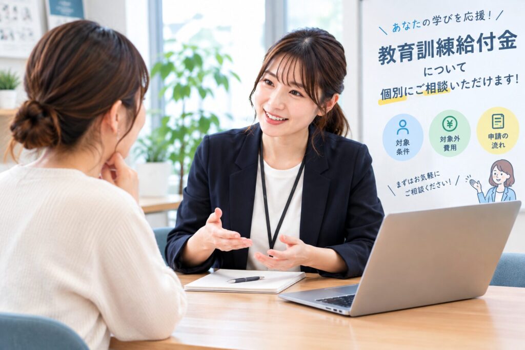 説明会で給付金について相談している