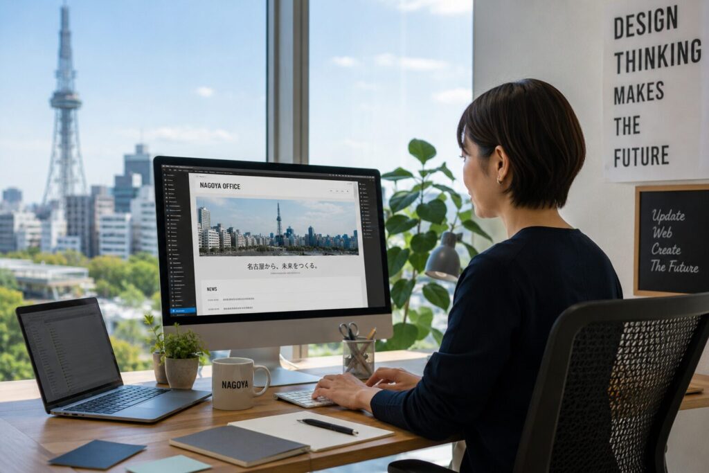 名古屋のオフィスでPCに向かい、Webサイトを更新している社会人のイメージ