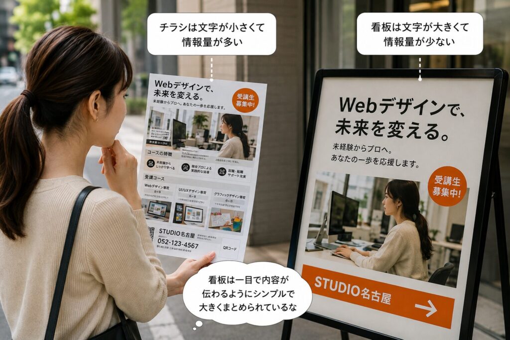 チラシと看板を見比べて、文字サイズや情報量の違いを確認している様子
