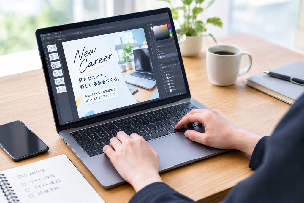 会社のSNS投稿用バナーをPCで作成している社会人の手元
