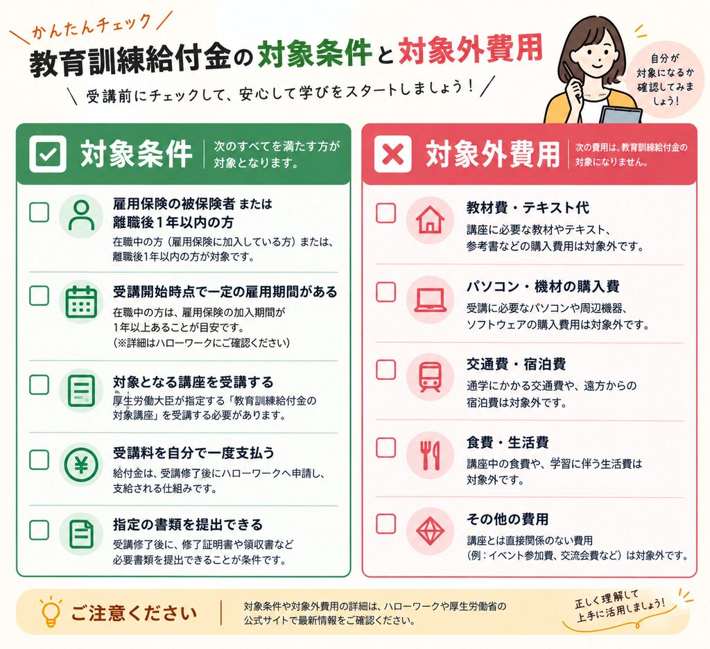 教育訓練給付金の対象条件と対象外費用をまとめたチェックリスト図解